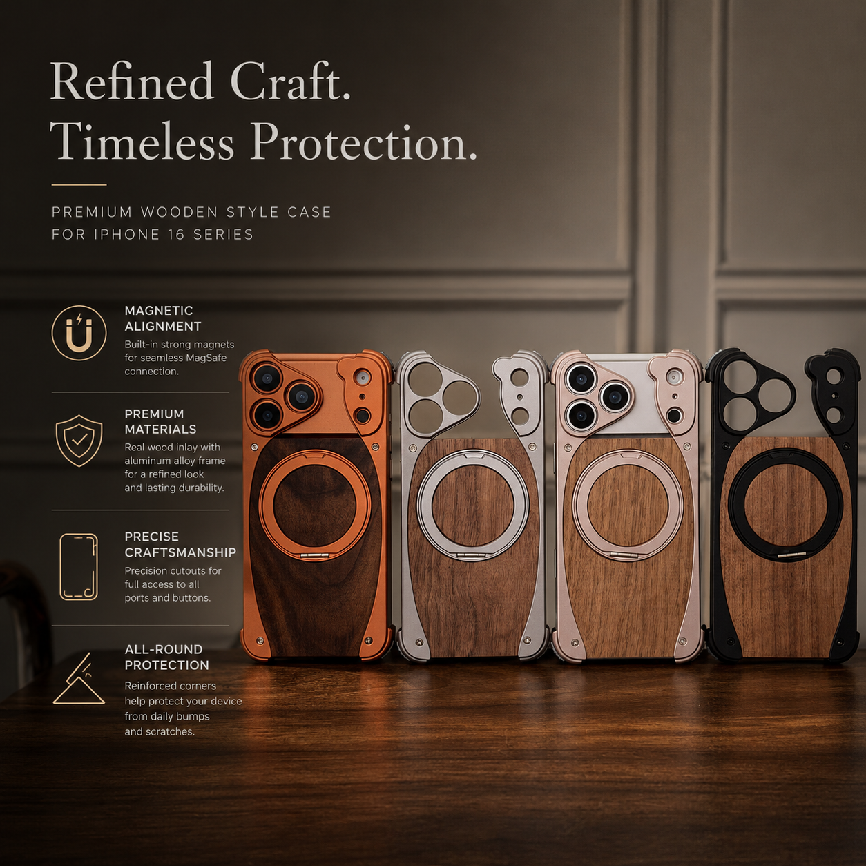 Luxury Walnut Wood iPhone Case Magnetic Aluminum Frame Shockproof Cover With Built In Stand Slim Protective Design Non Slip Grip Durable Case