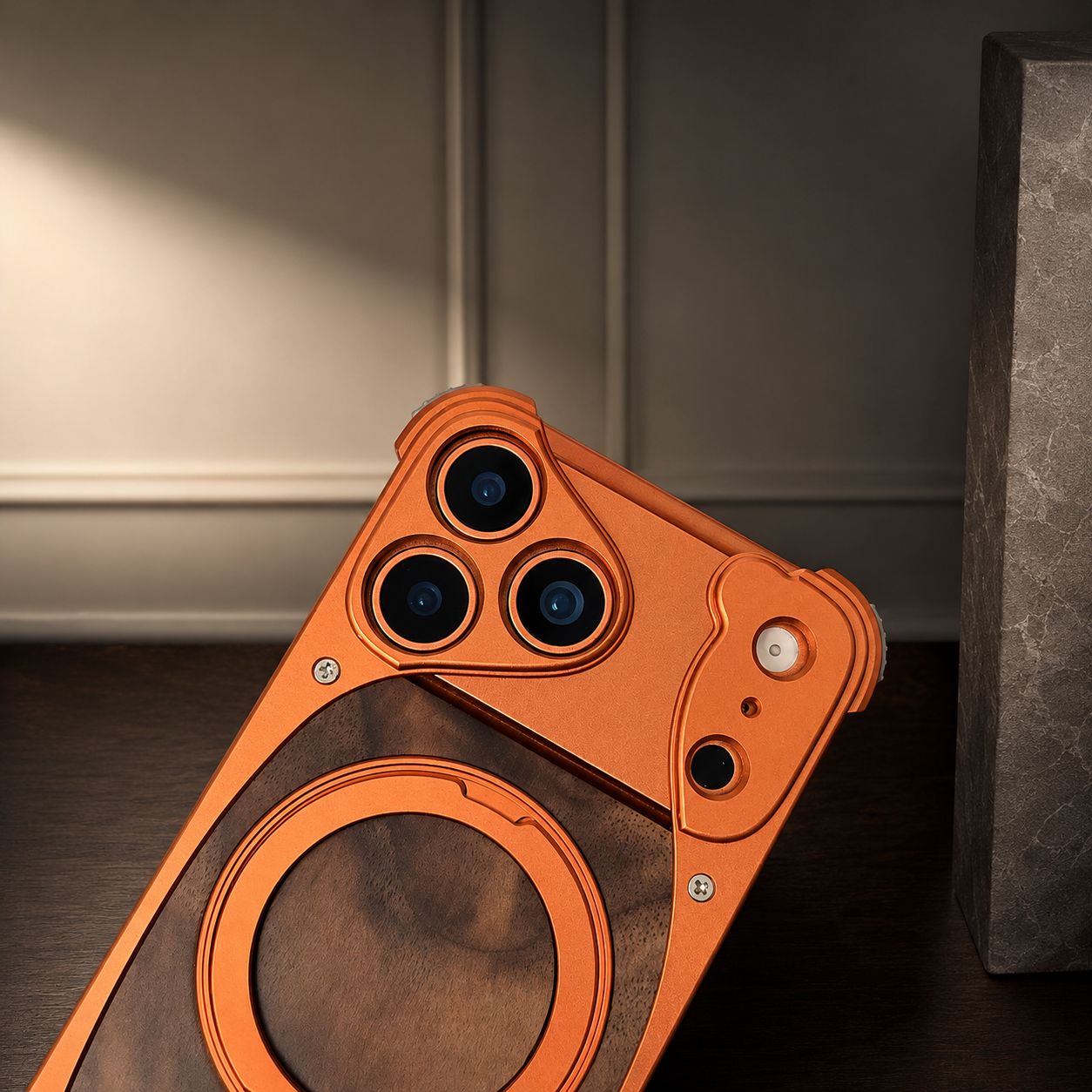 Luxury Walnut Wood iPhone Case Magnetic Aluminum Frame Shockproof Cover With Built In Stand Slim Protective Design Non Slip Grip Durable Case