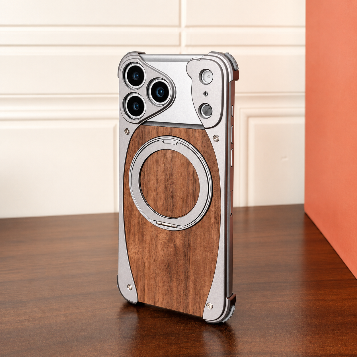 Luxury Walnut Wood iPhone Case Magnetic Aluminum Frame Shockproof Cover With Built In Stand Slim Protective Design Non Slip Grip Durable Case