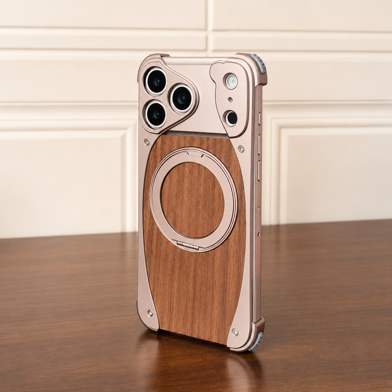 Luxury Walnut Wood iPhone Case Magnetic Aluminum Frame Shockproof Cover With Built In Stand Slim Protective Design Non Slip Grip Durable Case