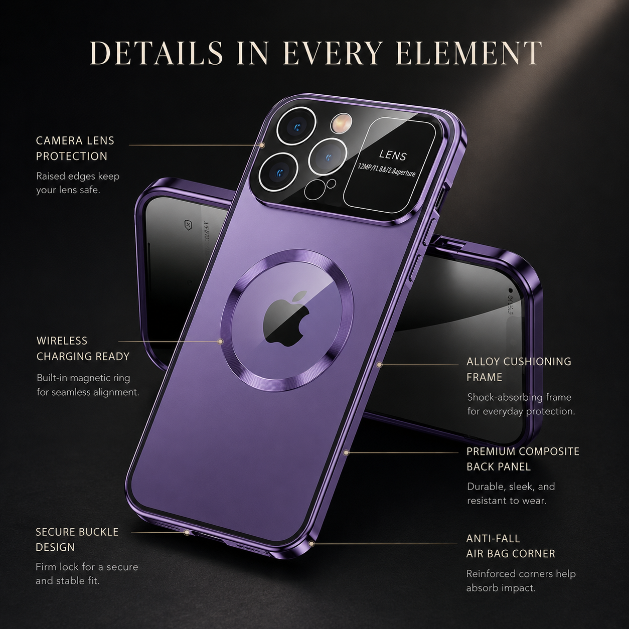 Luxury iPhone Case MagSafe Compatible Double Sided Tempered Glass Privacy Screen Metal Frame Protective Cover 360 Full Body Camera Lens Protection Shockproof Slim Design
