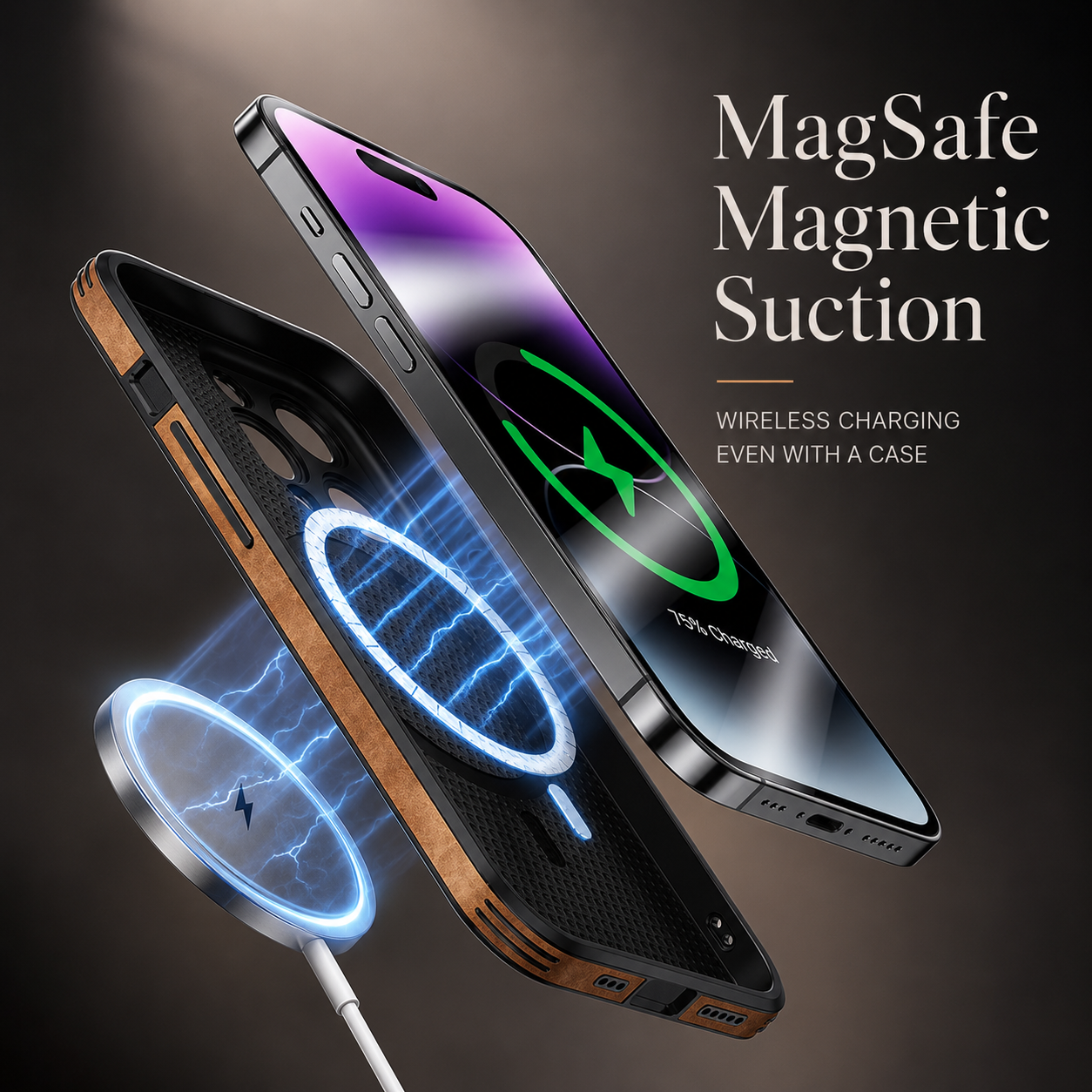 Luxury iPhone Case MagSafe Compatible Genuine Leather Design with Camera Lens Protection, Shockproof Construction, Slim Lightweight Premium Finish