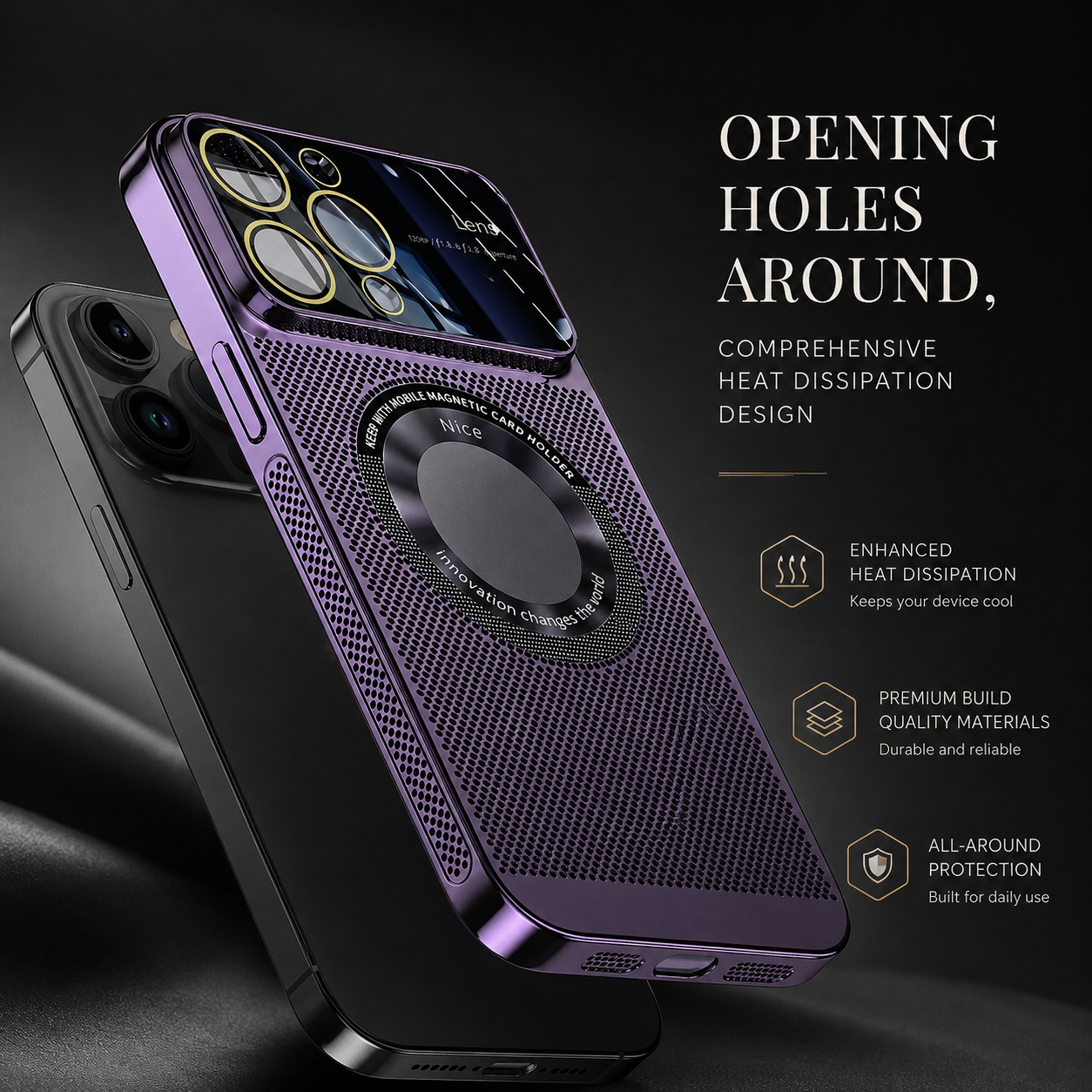 Luxury iPhone Case MagSafe Compatible Heat Dissipation Metal Frame Protective Cover Camera Lens Protection Shockproof Electroplated Slim Design