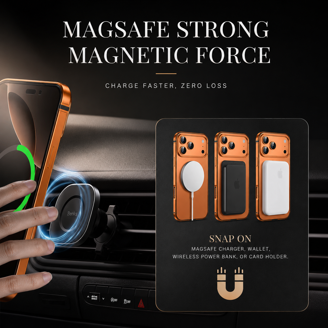 Magnetic Aluminum Alloy iPhone Case in Orange with MagSafe Compatibility, Camera Lens Protection, Shockproof Design and Matte Finish