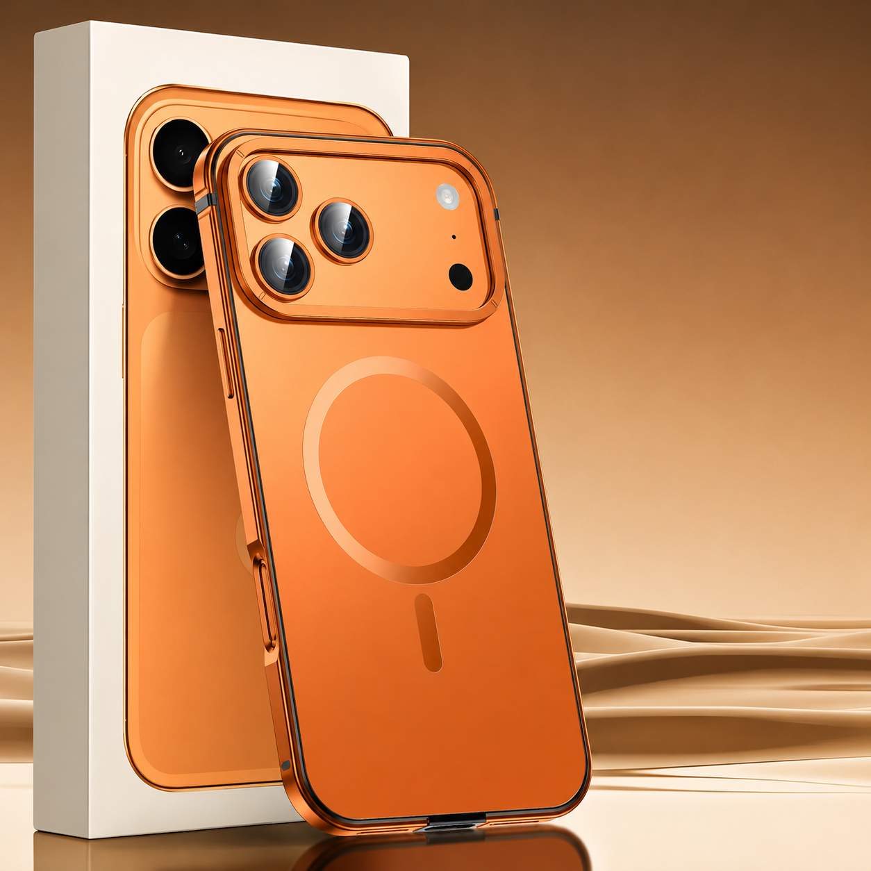 Magnetic Aluminum Alloy iPhone Case in Orange with MagSafe Compatibility, Camera Lens Protection, Shockproof Design and Matte Finish