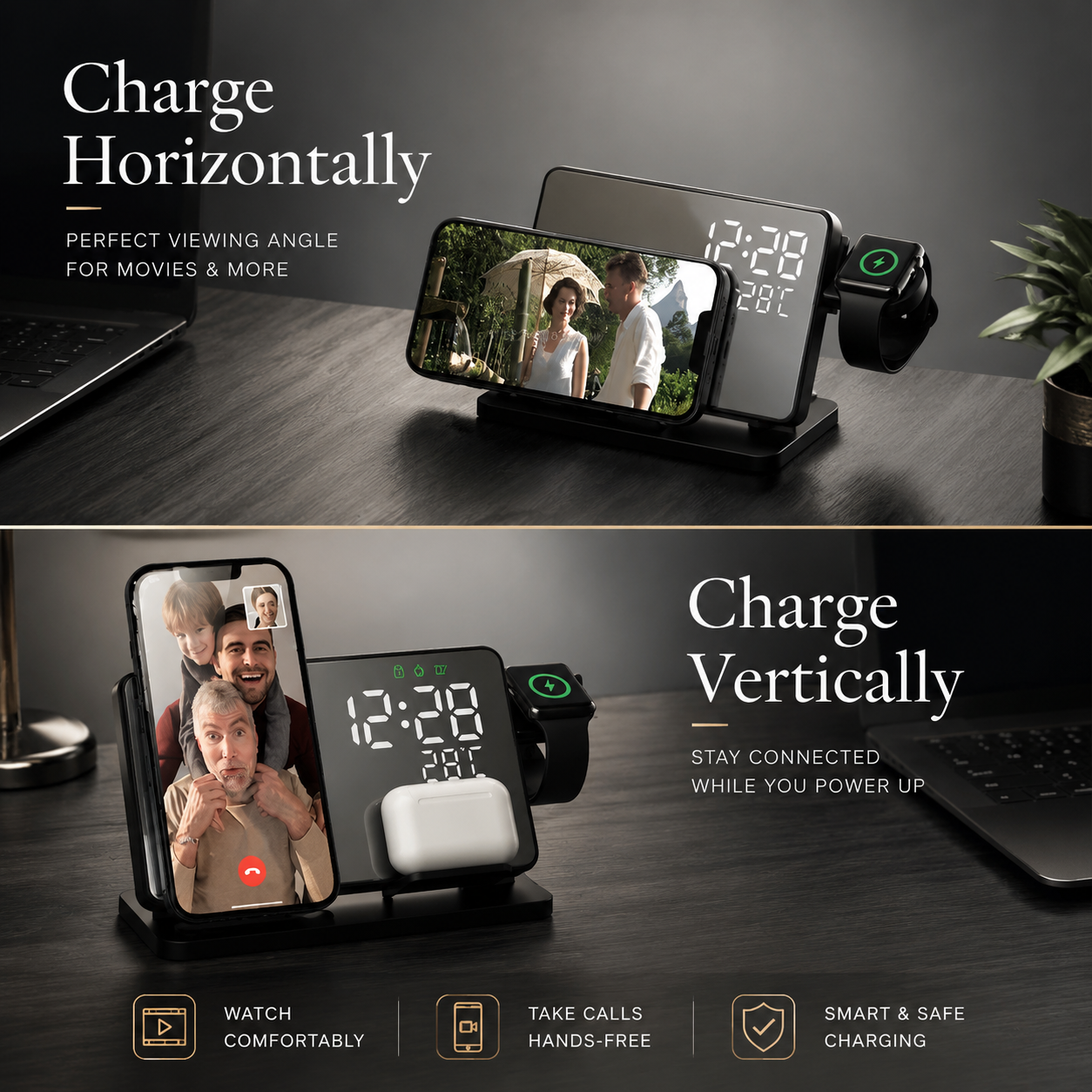 Premium 3 in 1 Wireless Charger Fast Charging Dock Station with Clock Multi Device Charging Stand Phone Watch Earbuds Desk Organizer Charging Hub