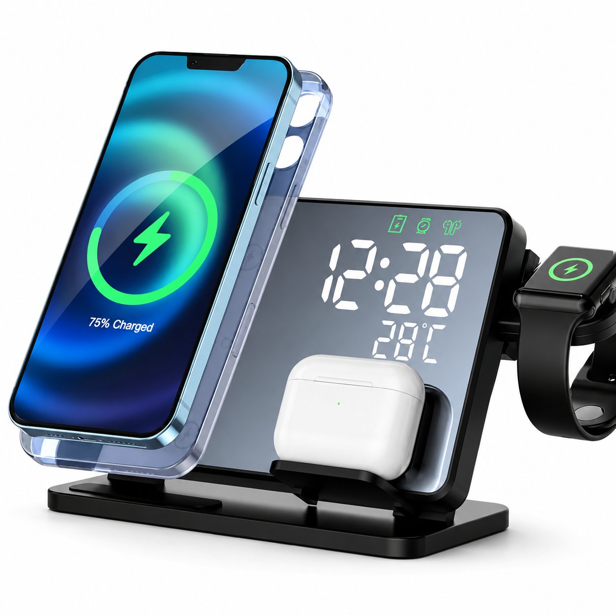 Premium 3 in 1 Wireless Charger Fast Charging Dock Station with Clock Multi Device Charging Stand Phone Watch Earbuds Desk Organizer Charging Hub