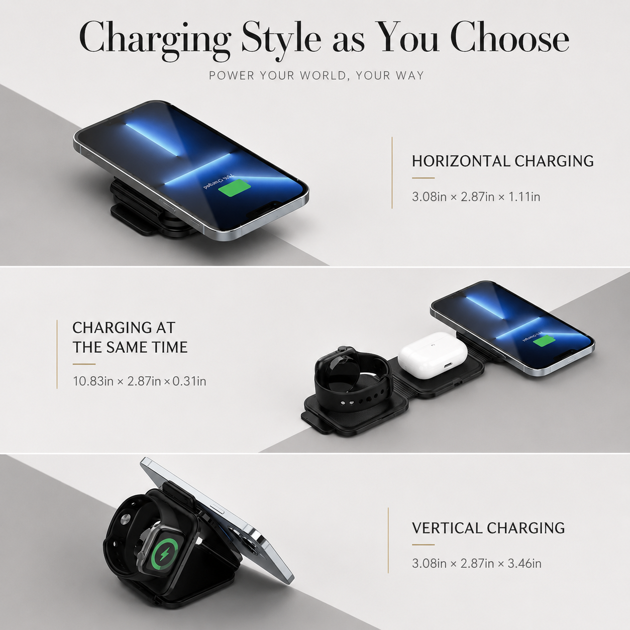 Premium 3 in 1 Wireless Charger Foldable MagSafe Compatible 15W Fast Charging Station Magnetic Portable Charging Dock Stand Phone Watch Earbuds