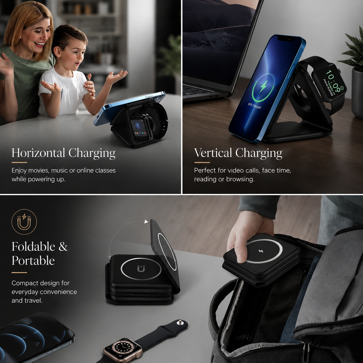 Premium 3 in 1 Wireless Charger Foldable MagSafe Compatible 15W Fast Charging Station Magnetic Portable Charging Dock Stand Phone Watch Earbuds