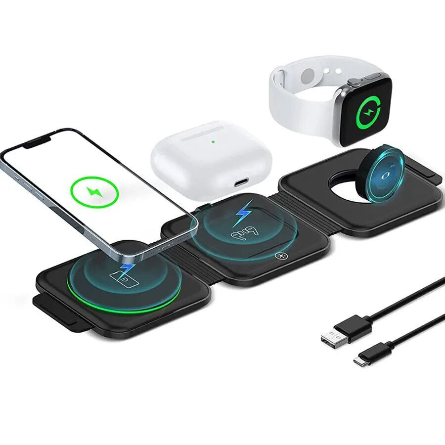 Premium 3 in 1 Wireless Charger Foldable MagSafe Compatible 15W Fast Charging Station Magnetic Portable Charging Dock Stand Phone Watch Earbuds