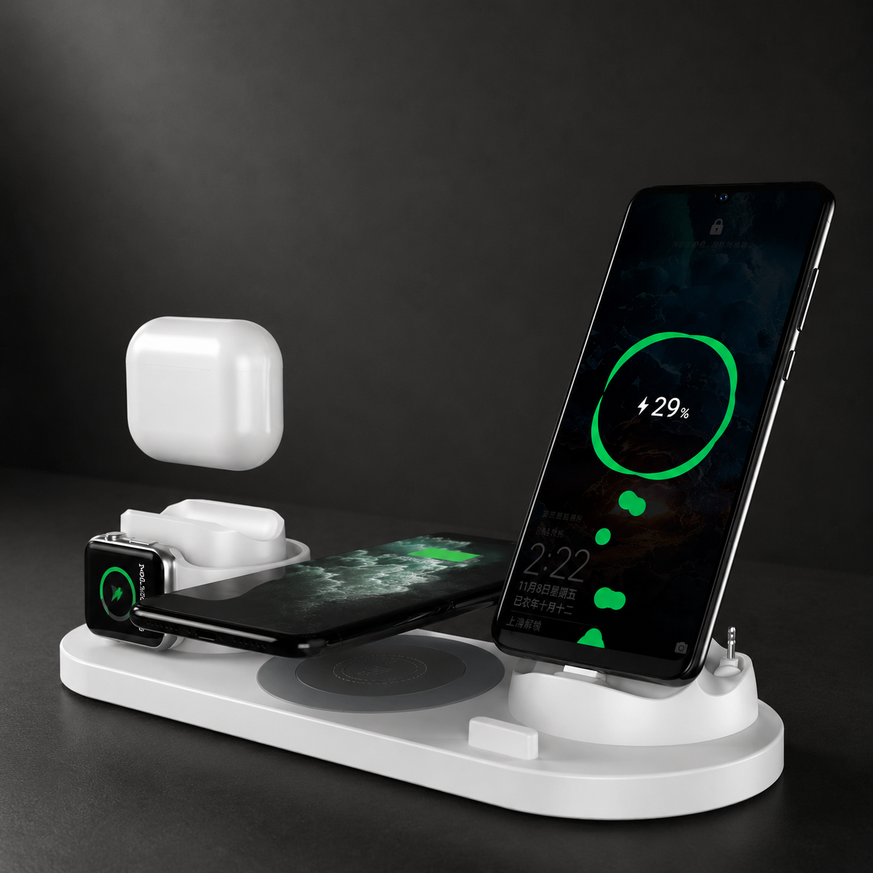 Premium 7 in 1 Wireless Charger Fast Charging Station Foldable Multi Device Charging Dock Smartphone Earbuds Watch MagSafe Compatible Stand Design