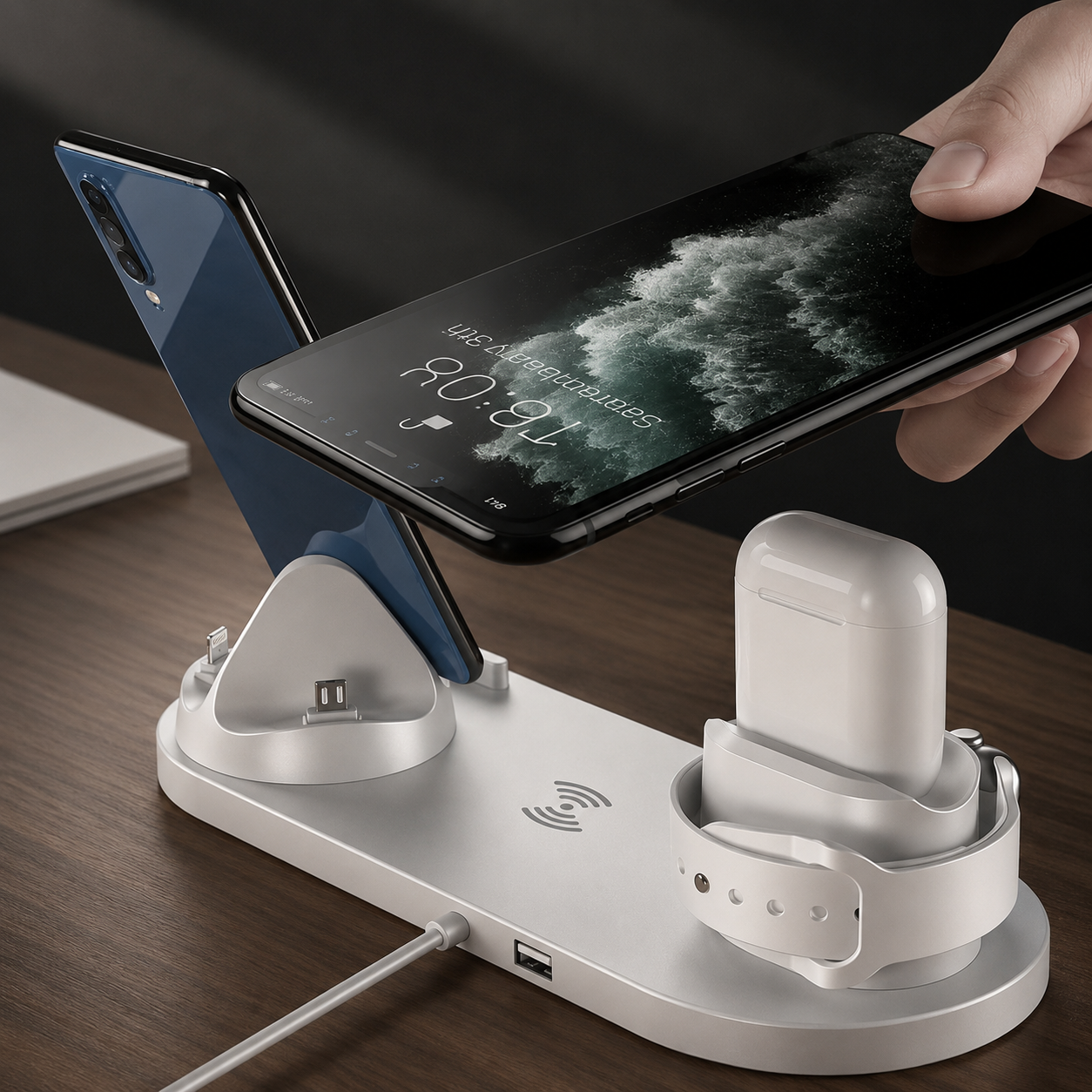Premium 7 in 1 Wireless Charger Fast Charging Station Foldable Multi Device Charging Dock Smartphone Earbuds Watch MagSafe Compatible Stand Design
