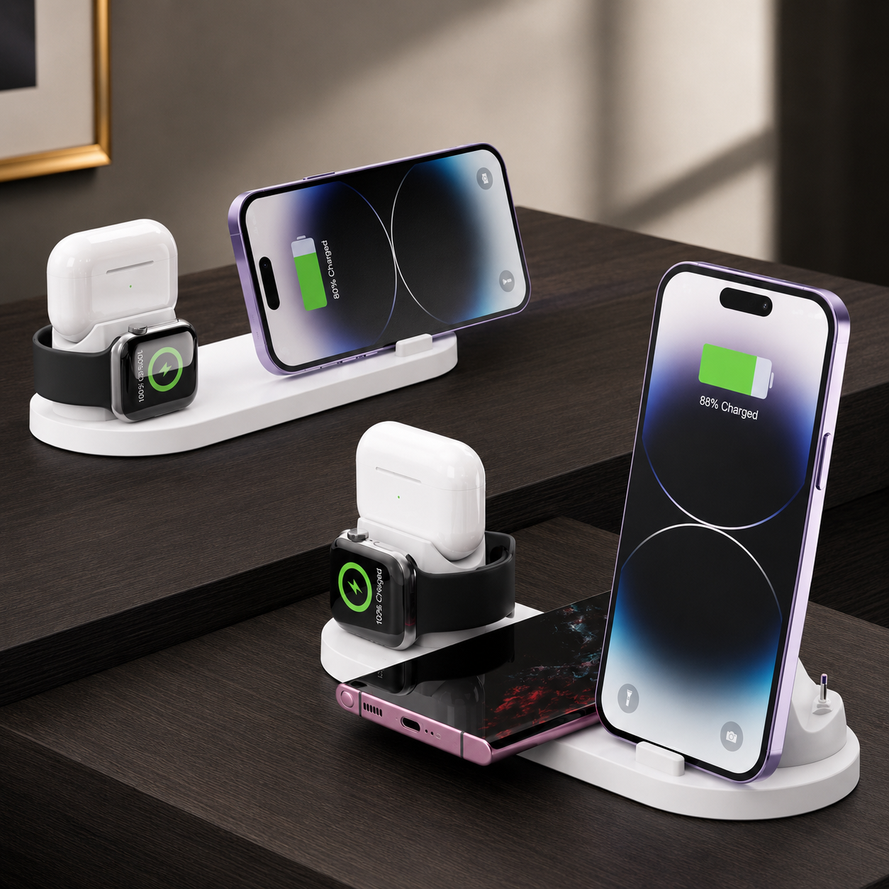 Premium 7 in 1 Wireless Charger Fast Charging Station Foldable Multi Device Charging Dock Smartphone Earbuds Watch MagSafe Compatible Stand Design