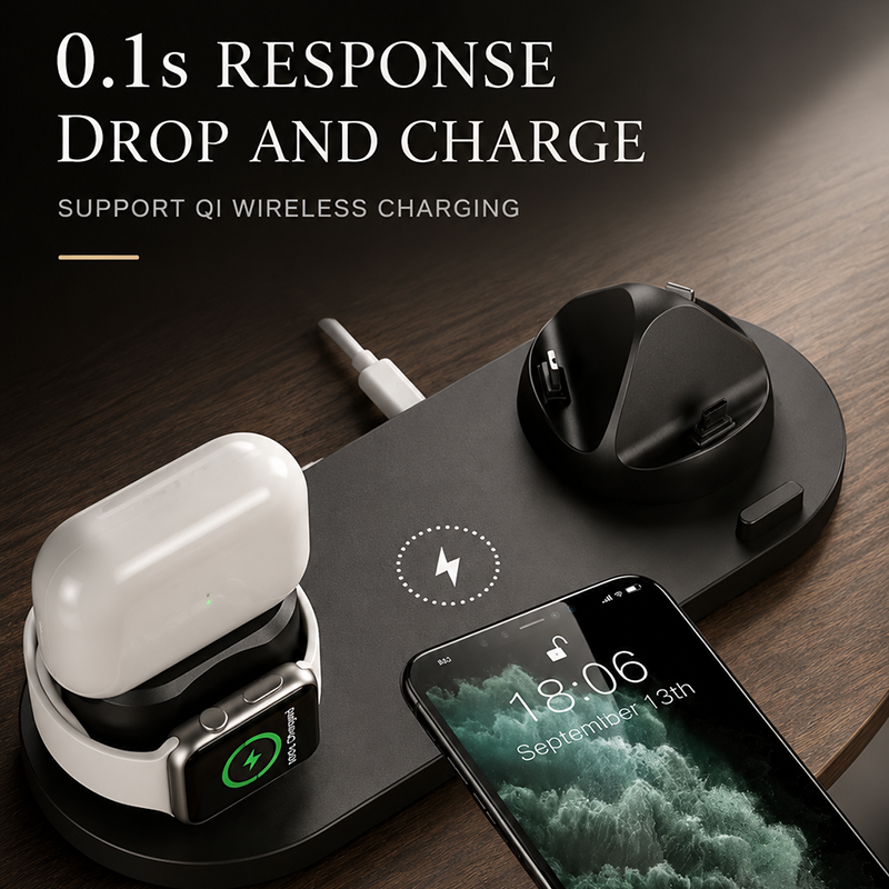 Premium 7 in 1 Wireless Charger Fast Charging Station Foldable Multi Device Charging Dock Smartphone Earbuds Watch MagSafe Compatible Stand Design