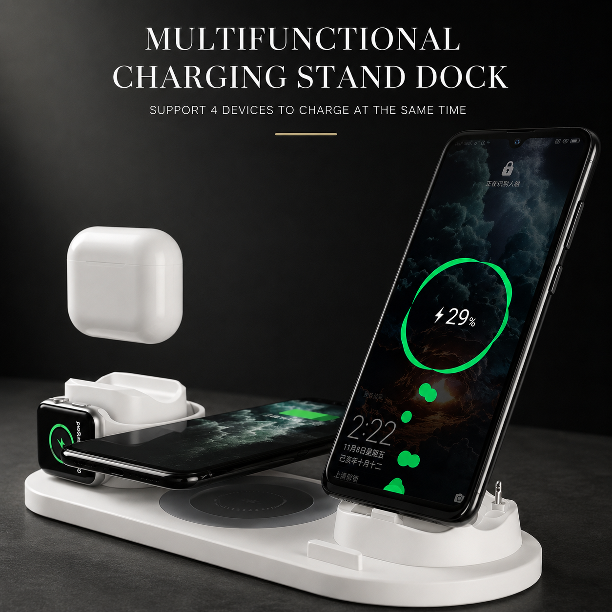 Premium 7 in 1 Wireless Charger Fast Charging Station Foldable Multi Device Charging Dock Smartphone Earbuds Watch MagSafe Compatible Stand Design