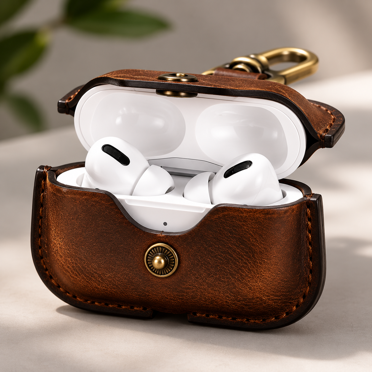 Premium AirPods Case Genuine Leather Protective Cover Wireless Charging Compatible Keychain Clip Shockproof Slim Profile Portable Storage Design