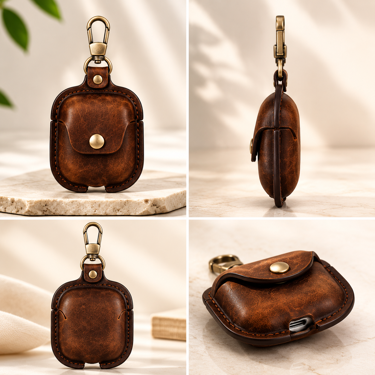 Premium AirPods Case Genuine Leather Protective Cover Wireless Charging Compatible Keychain Clip Shockproof Slim Profile Portable Storage Design