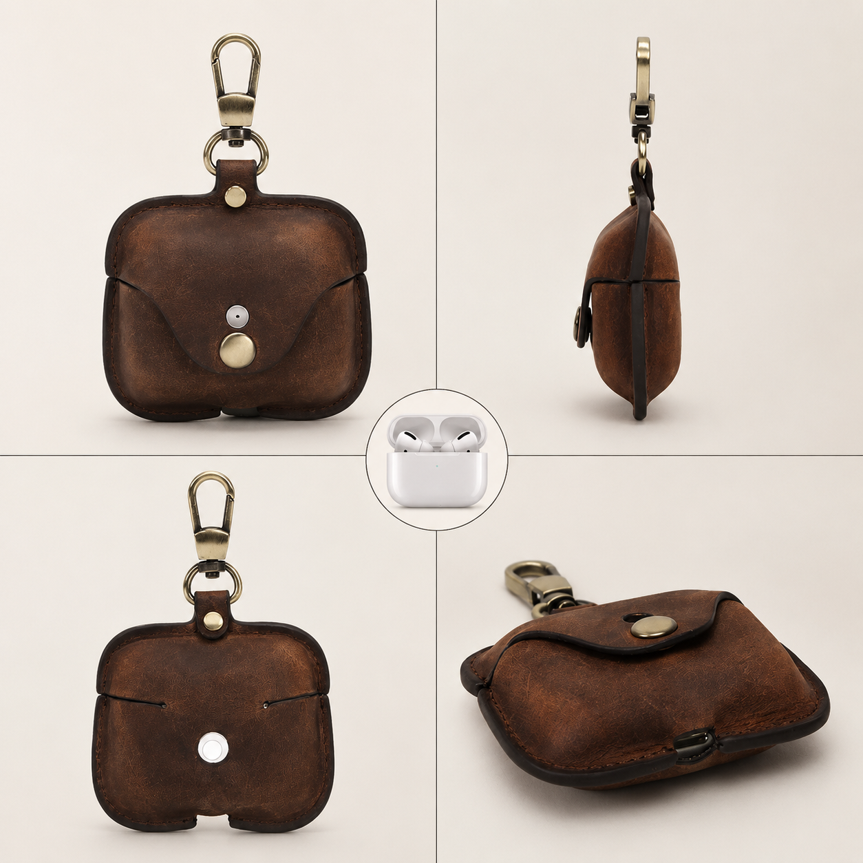Premium AirPods Case Genuine Leather Protective Cover Wireless Charging Compatible Keychain Clip Shockproof Slim Profile Portable Storage Design
