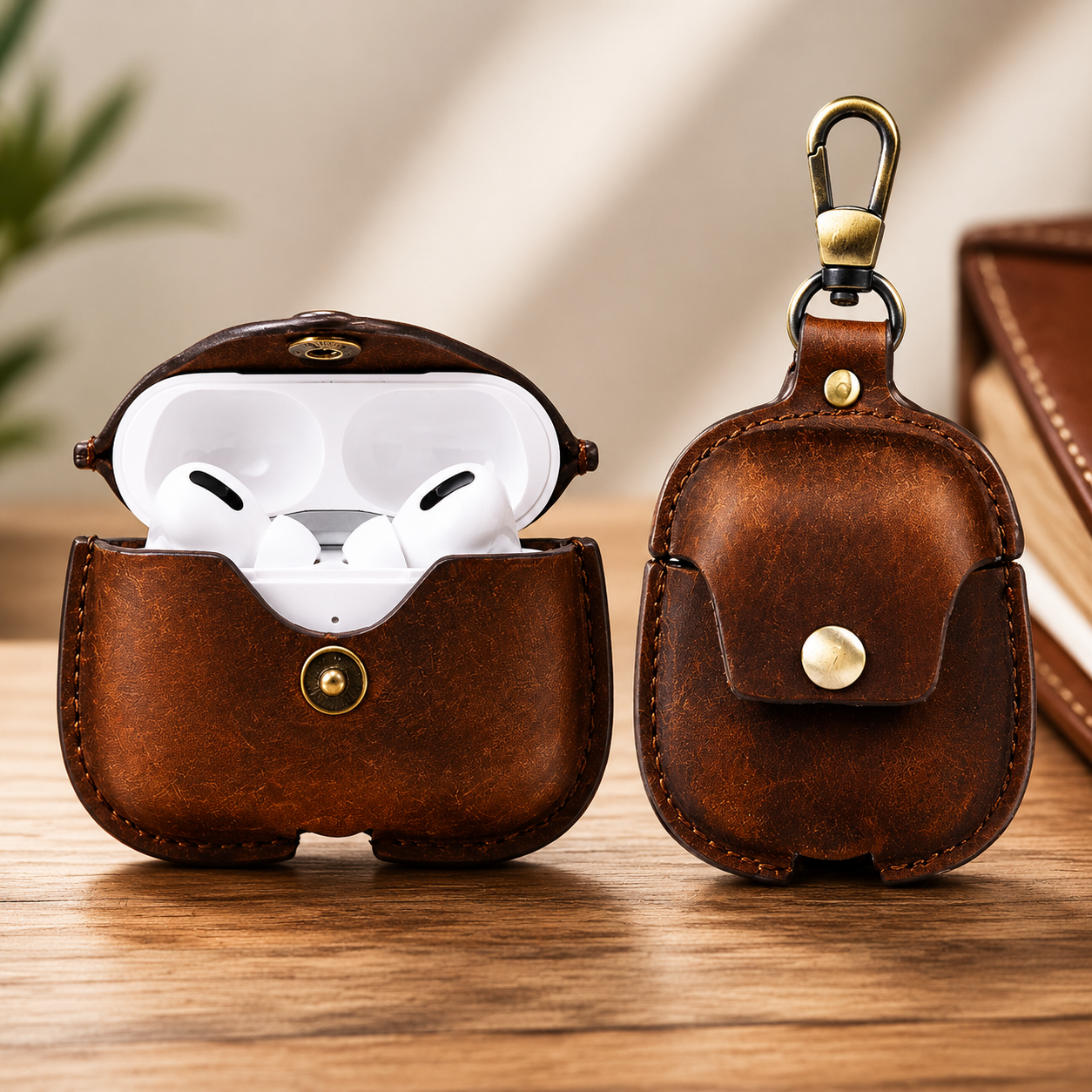 Premium AirPods Case Genuine Leather Protective Cover Wireless Charging Compatible Keychain Clip Shockproof Slim Profile Portable Storage Design