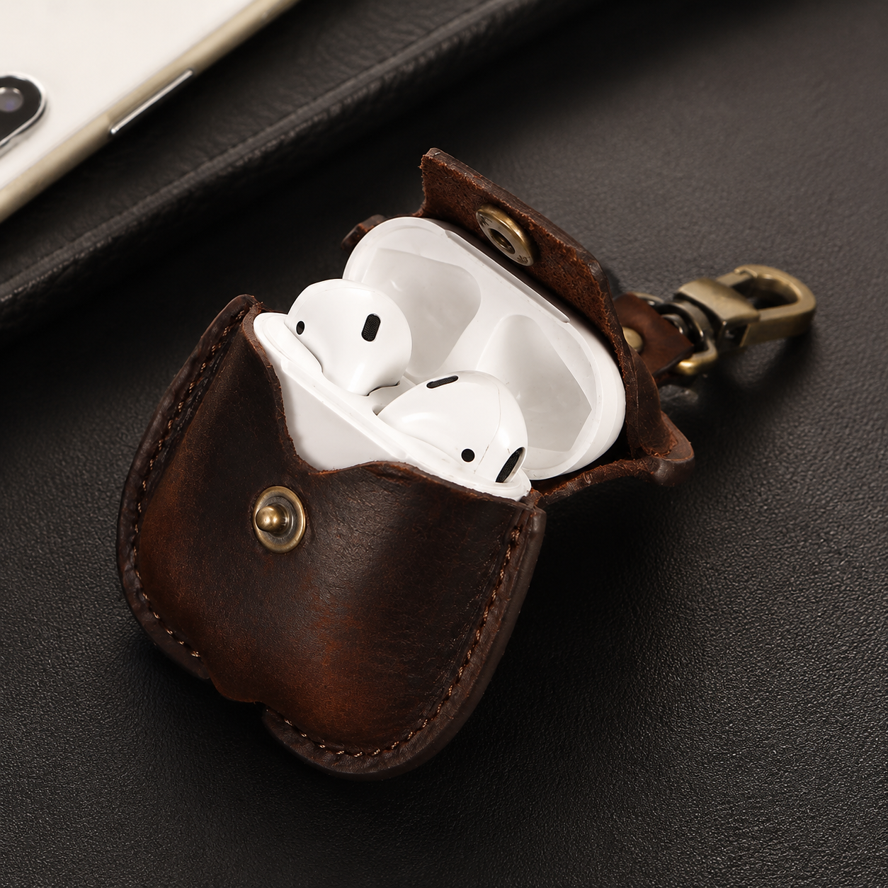 Premium AirPods Case Genuine Leather Protective Cover Wireless Charging Compatible Keychain Clip Shockproof Slim Profile Portable Storage Design