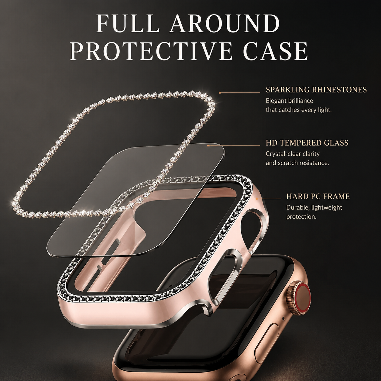Premium Apple Watch Case Bling Rhinestone Protective Cover Glass Screen Guard Shockproof Luxury Design Slim Frame Scratch Resistant Full Coverage
