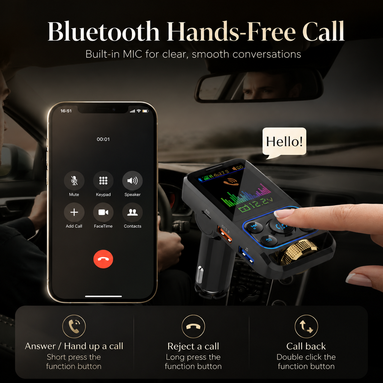Premium Car Bluetooth FM Transmitter QC 3.0 Fast Charging USB Charger Hands Free Calling Audio Adapter Stereo Music Player Wireless Vehicle Audio