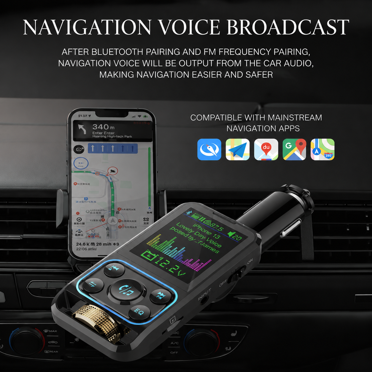 Premium Car Bluetooth FM Transmitter QC 3.0 Fast Charging USB Charger Hands Free Calling Audio Adapter Stereo Music Player Wireless Vehicle Audio
