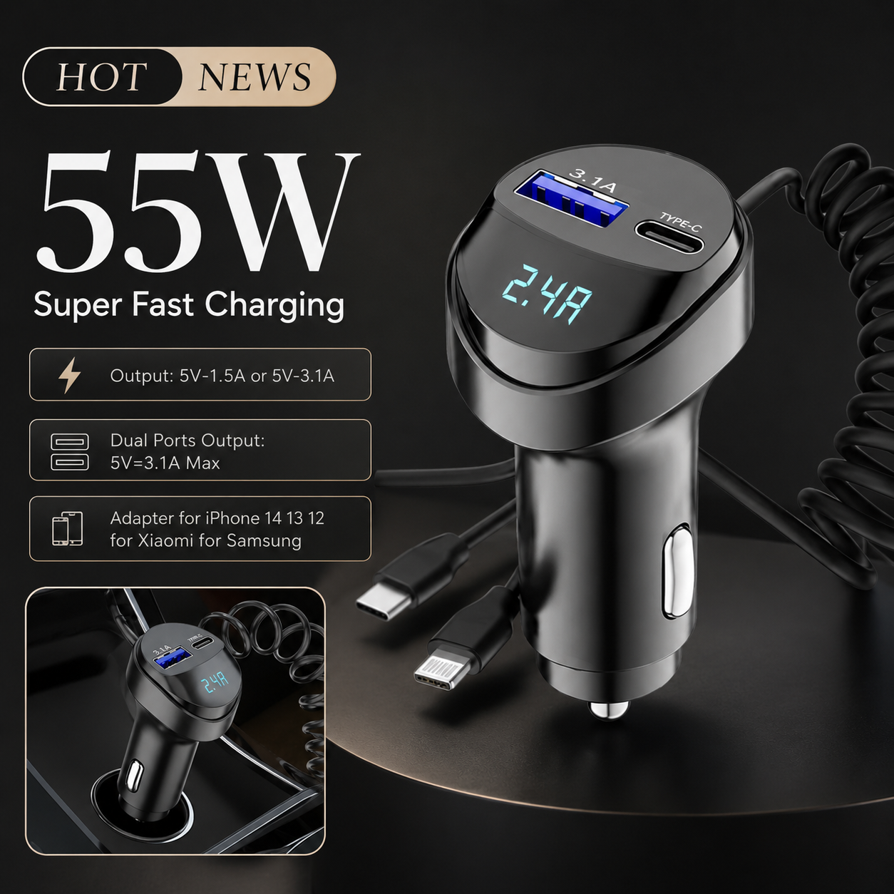Premium Car Charger USB C Multi Port Fast Charging Adapter 12V Socket Smartphone Compatible High Speed Charging Power Distribution Hub Travel Accessory