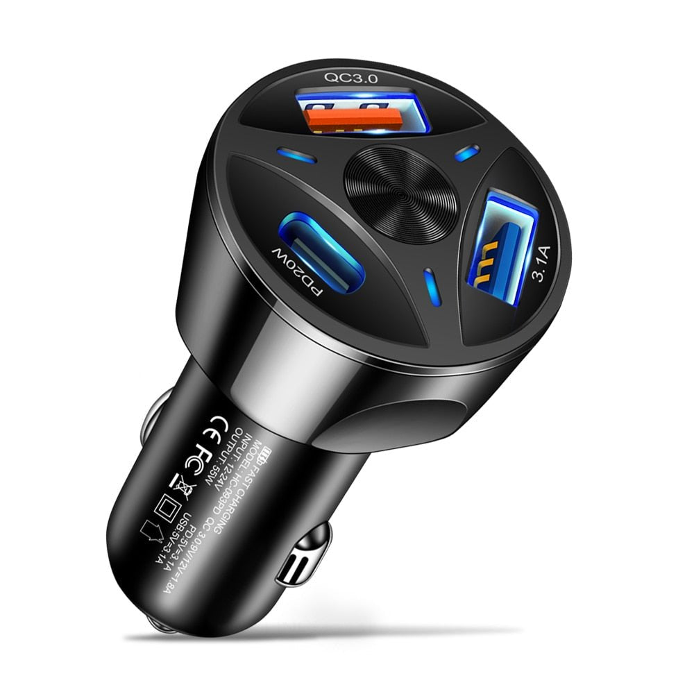 Premium Car Charger USB C Multi Port Fast Charging Adapter 12V Socket Smartphone Compatible High Speed Charging Power Distribution Hub Travel Accessory