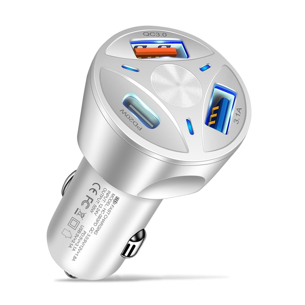 Premium Car Charger USB C Multi Port Fast Charging Adapter 12V Socket Smartphone Compatible High Speed Charging Power Distribution Hub Travel Accessory