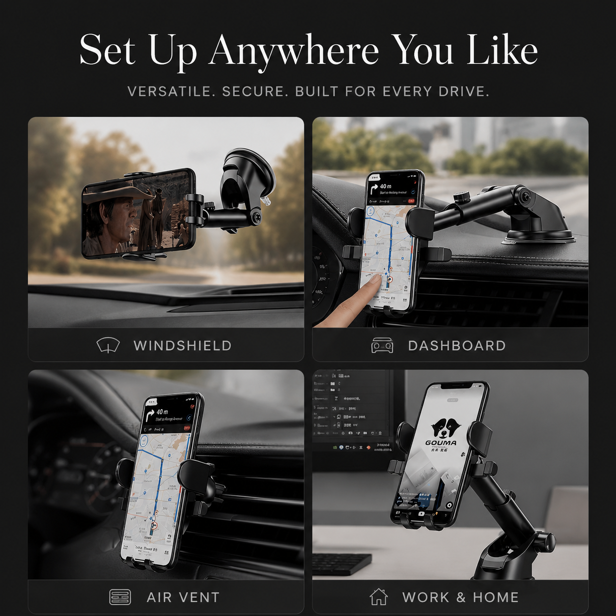 Premium Car Phone Mount Suction Cup 360 Rotation Dashboard Windshield Holder Secure Grip Adjustable Phone Stand Navigation Compatible Universal