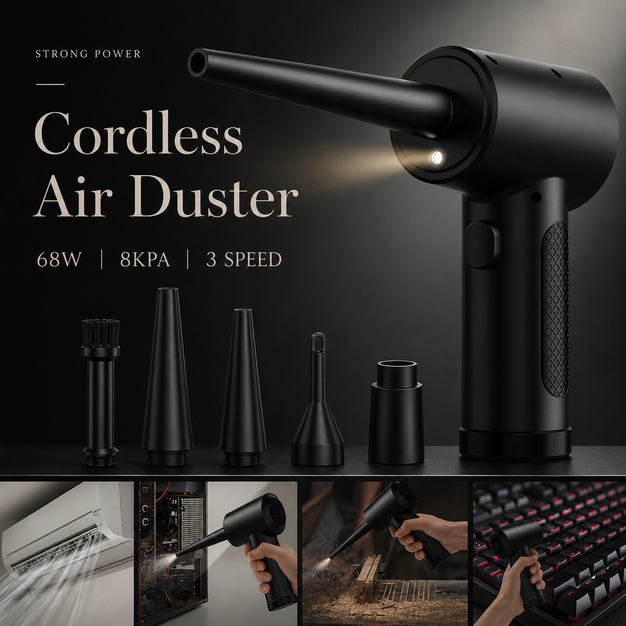 Premium Electric Air Duster Cordless Compressed Air Blower LED Light Keyboard Cleaner Reusable Cleaning Tool Portable Electronics Maintenance Accessory