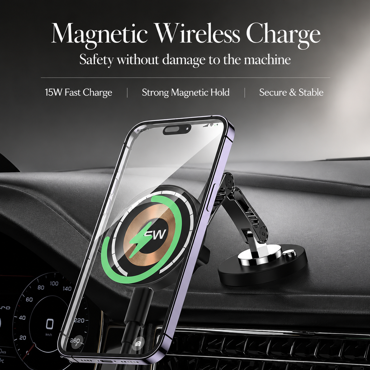 Premium Magnetic Car Charger Stand 15W Wireless Charging Mount 360 Rotation Foldable Metal Holder Fast Power Delivery Secure Dashboard Design