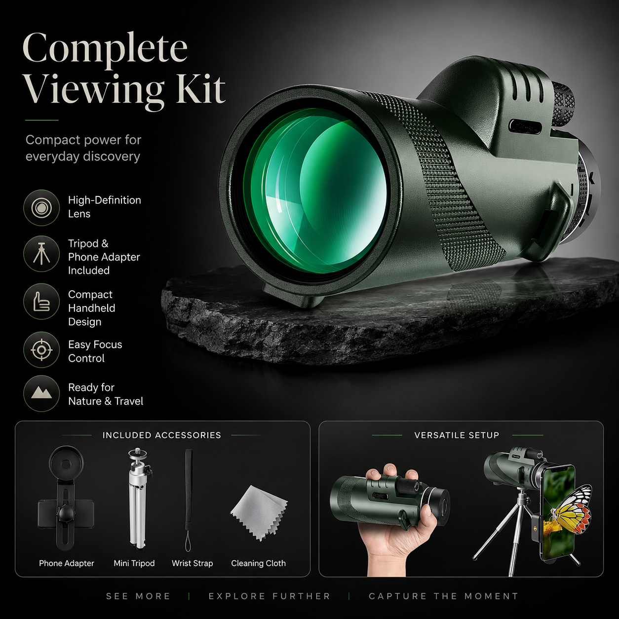 Premium Monocular Telescope HD Zoom Portable Folding Long Range Viewing Smartphone Compatible Compact Travel Scope Outdoor Observation Device