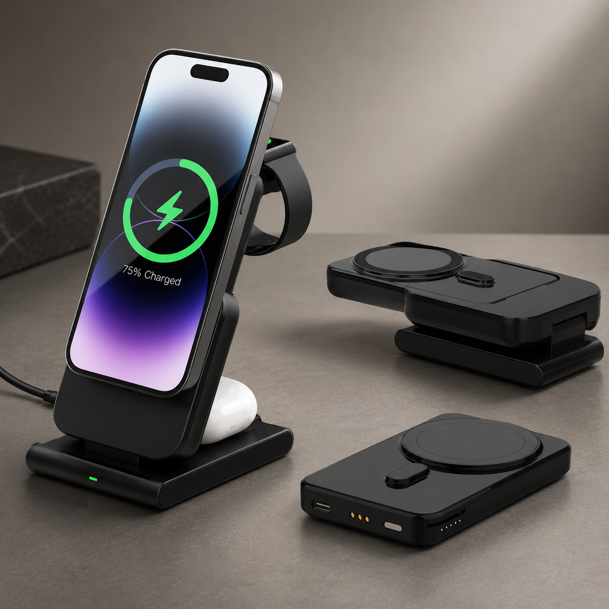 Premium Power Bank 5000mAh MagSafe Compatible 3 in 1 Wireless Charger Portable Magnetic Battery Fast Charging Smartphone Watch Earbuds Dock Station