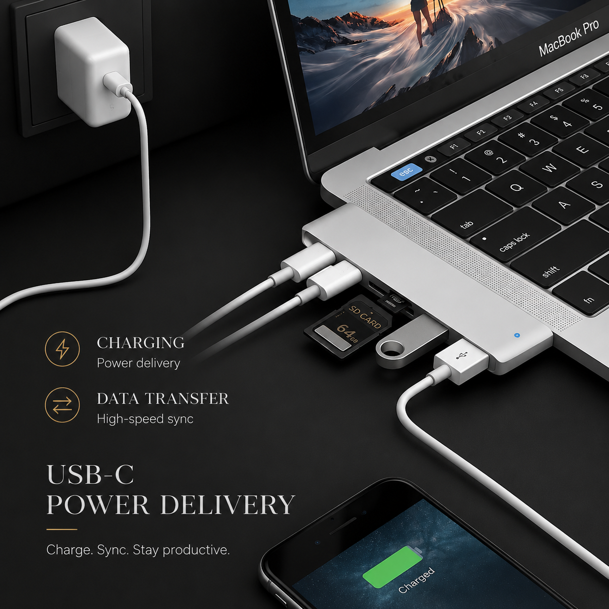 Premium USB C Hub 4K HDMI Adapter Thunderbolt 3 Multiport Dock USB 3.1 PD Charging SD Card Reader Laptop MacBook Compatible Docking Station