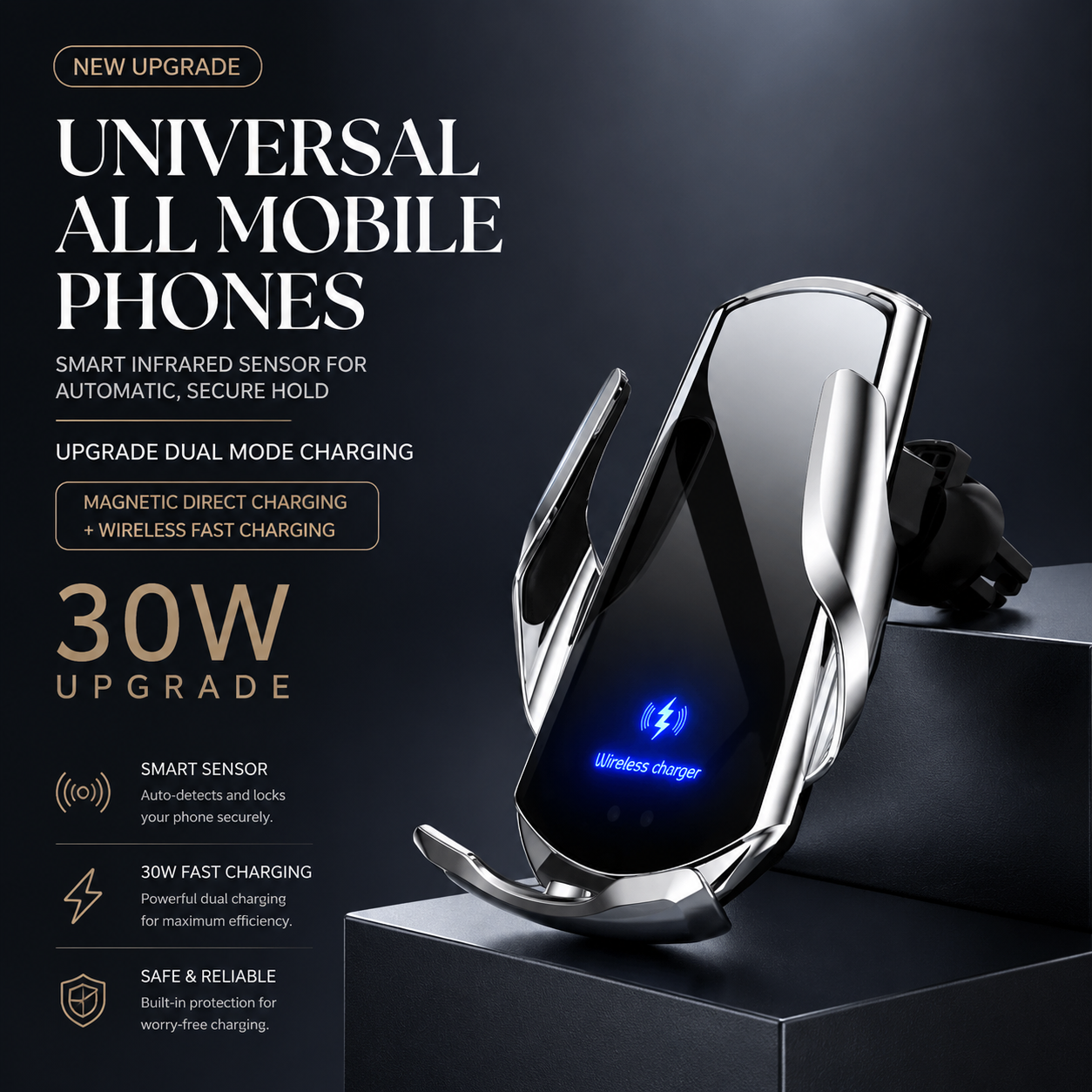 Premium Wireless Car Charger 30W Fast Charging Magnetic Phone Mount Infrared Auto Clamp USB-C LED Display Smart Vent Holder Hands Free Charging