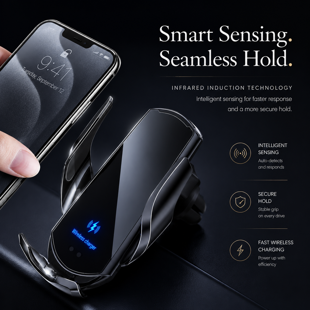 Premium Wireless Car Charger 30W Fast Charging Magnetic Phone Mount Infrared Auto Clamp USB-C LED Display Smart Vent Holder Hands Free Charging