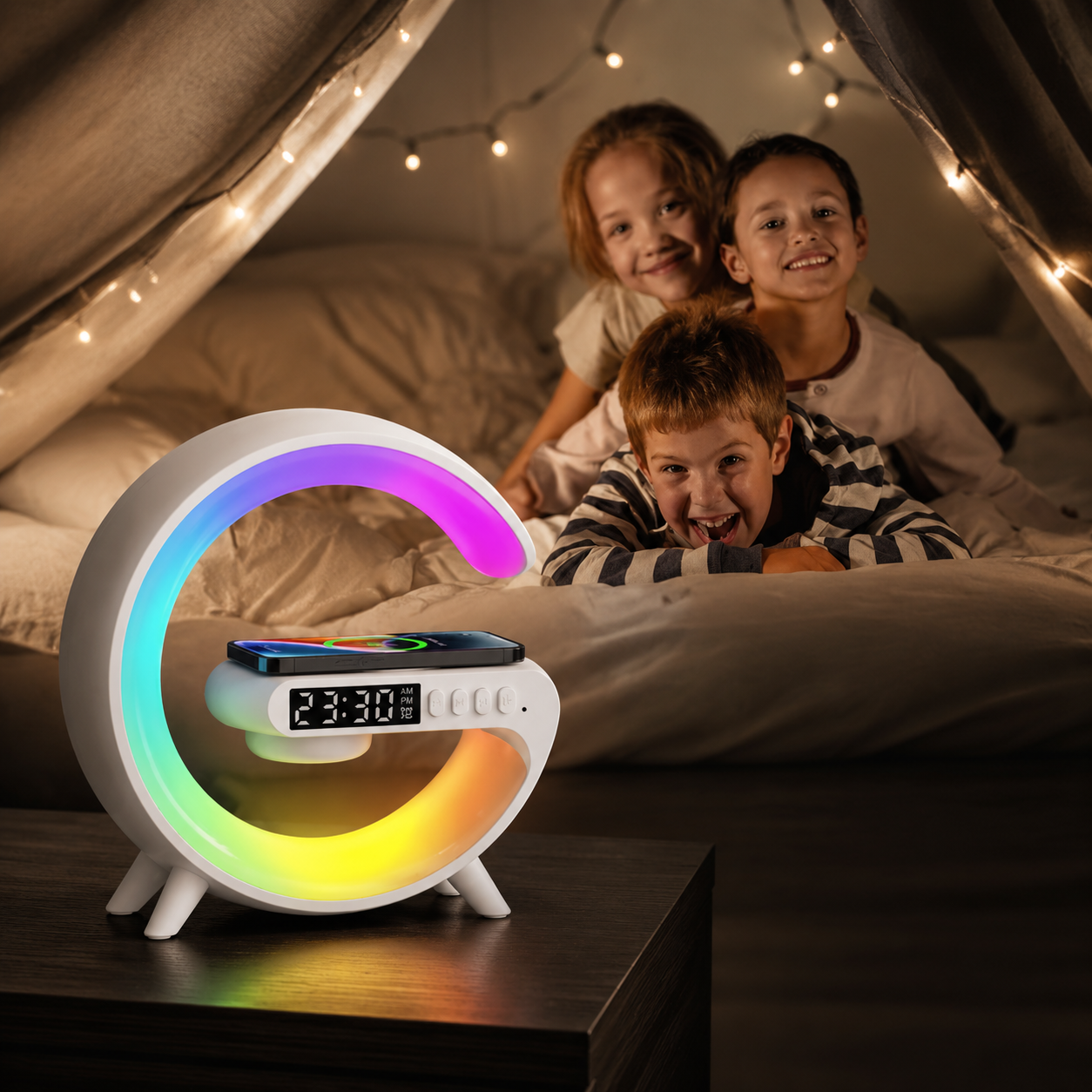 Premium Wireless Charging Station RGB Bluetooth Speaker Clock Fast Charging Dock USB C Multi Device Charger LED Alarm Night Light Desk Organizer
