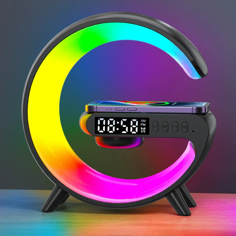 Premium Wireless Charging Station RGB Bluetooth Speaker Clock Fast Charging Dock USB C Multi Device Charger LED Alarm Night Light Desk Organizer