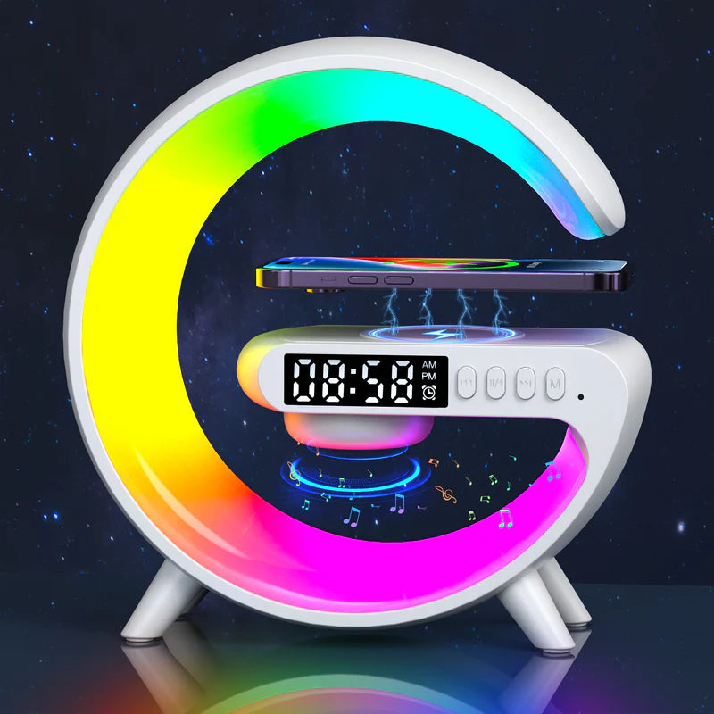 Premium Wireless Charging Station RGB Bluetooth Speaker Clock Fast Charging Dock USB C Multi Device Charger LED Alarm Night Light Desk Organizer