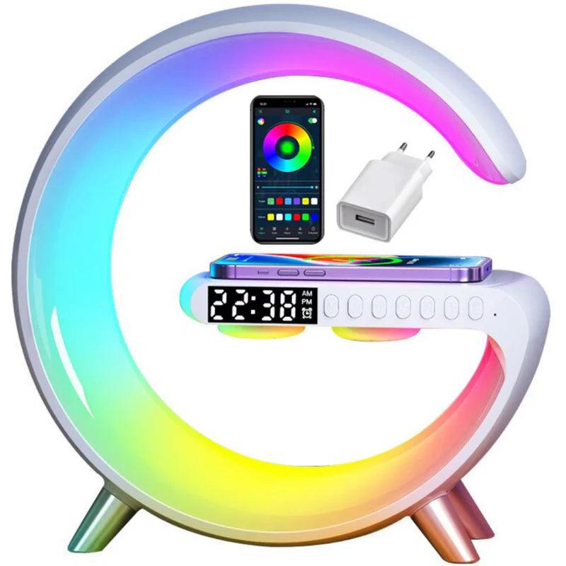 Premium Wireless Charging Station RGB Bluetooth Speaker Clock Fast Charging Dock USB C Multi Device Charger LED Alarm Night Light Desk Organizer