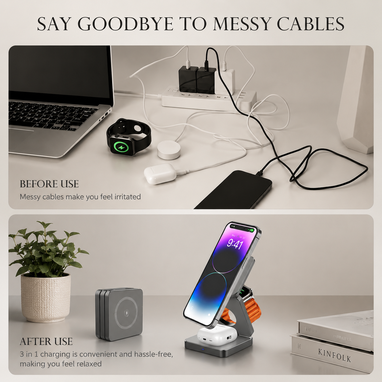 Premium iPhone 3 In 1 Foldable Magnetic Wireless Charging Station 15W Fast Charger Watch Earbuds Stand Compact Travel Docking Hub Organizer Desk Pad