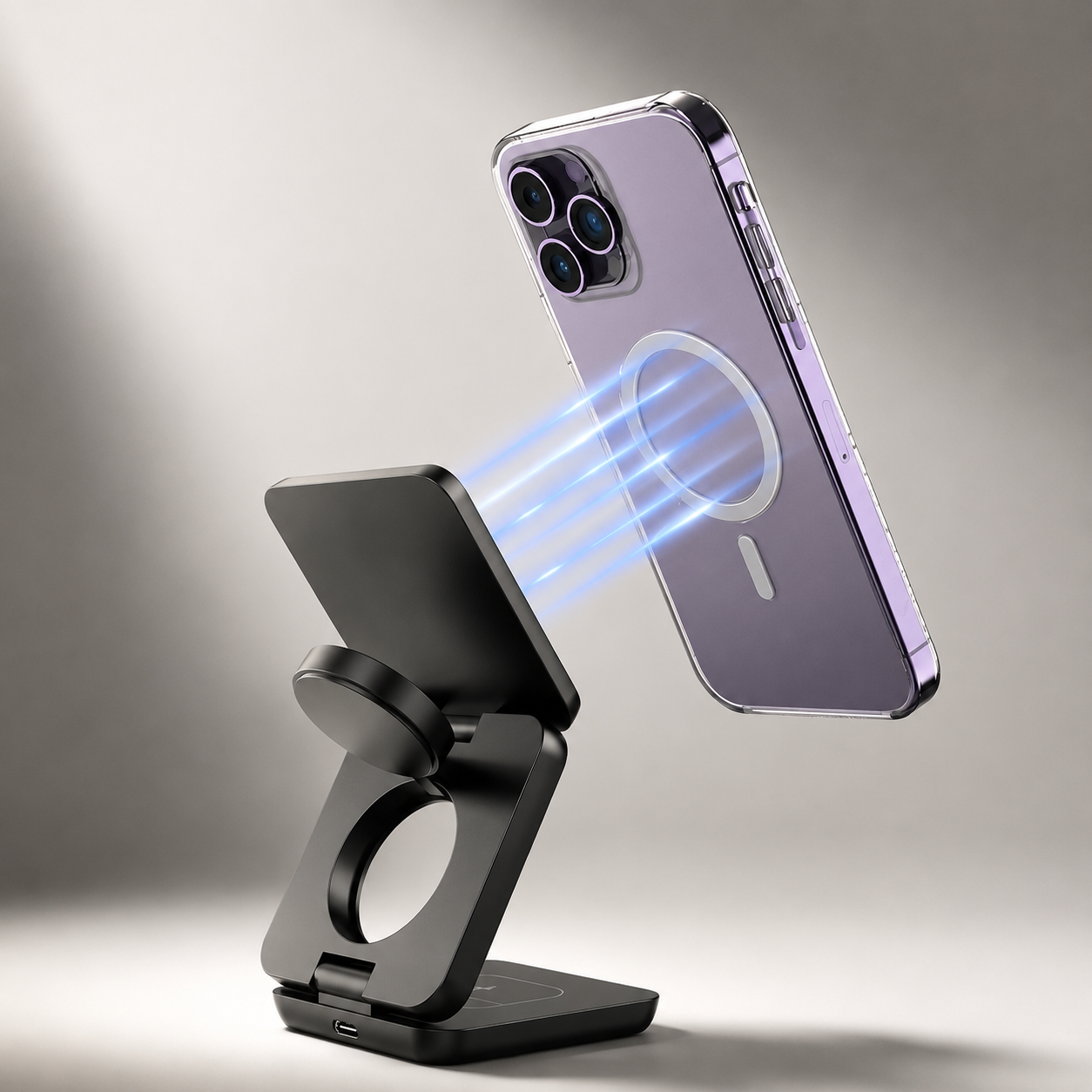 Premium iPhone 3 In 1 Foldable Magnetic Wireless Charging Station 15W Fast Charger Watch Earbuds Stand Compact Travel Docking Hub Organizer Desk Pad