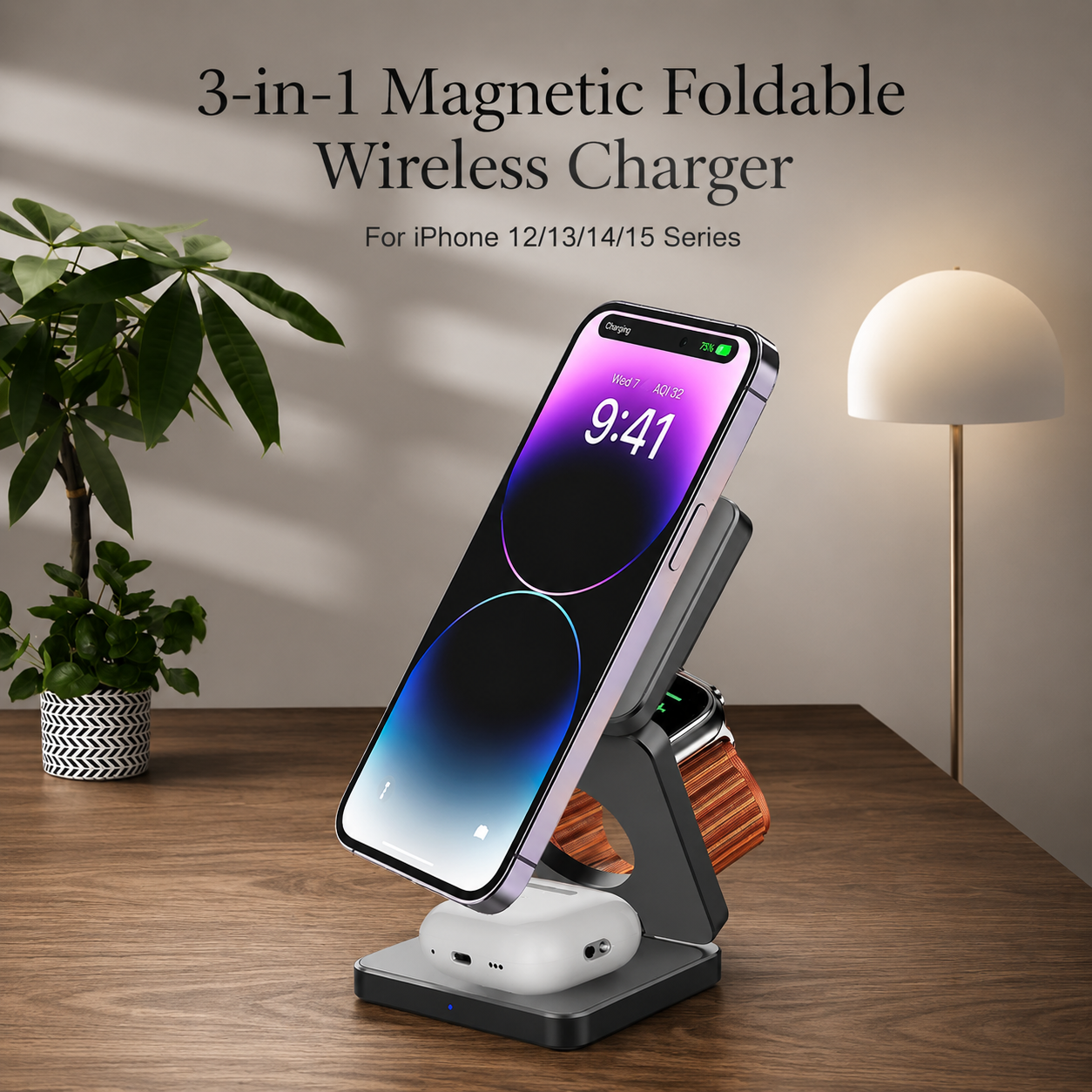 Premium iPhone 3 In 1 Foldable Magnetic Wireless Charging Station 15W Fast Charger Watch Earbuds Stand Compact Travel Docking Hub Organizer Desk Pad
