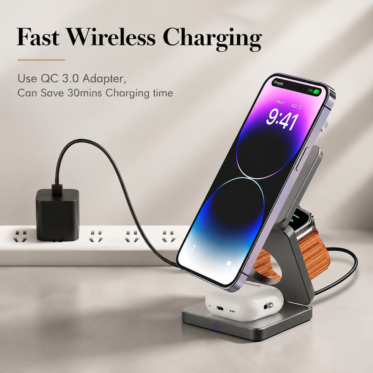 Premium iPhone 3 In 1 Foldable Magnetic Wireless Charging Station 15W Fast Charger Watch Earbuds Stand Compact Travel Docking Hub Organizer Desk Pad