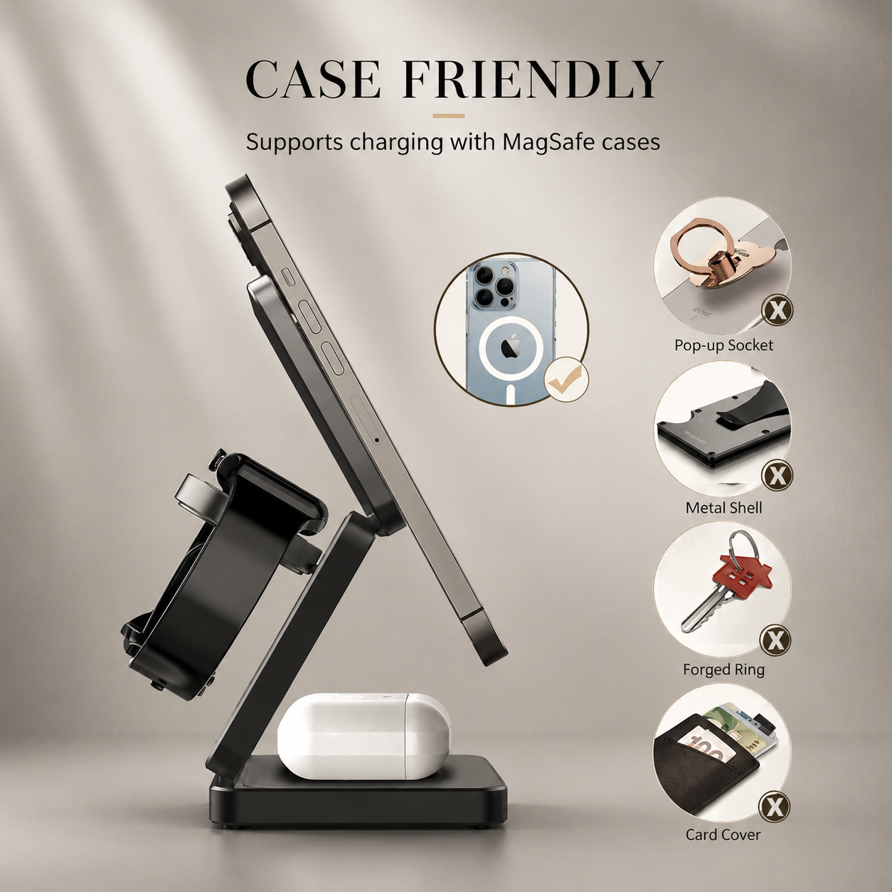 Premium iPhone 3 In 1 Foldable Magnetic Wireless Charging Station 15W Fast Charger Watch Earbuds Stand Compact Travel Docking Hub Organizer Desk Pad