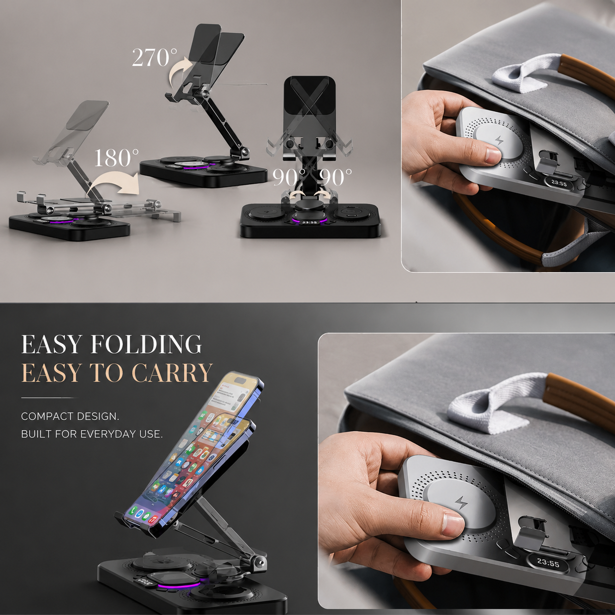 Premium iPhone 4 In 1 Foldable Wireless Charging Station 15W Magnetic Fast Charger Watch Earbuds Stand LED Indicator Docking Organizer Hub Desktop