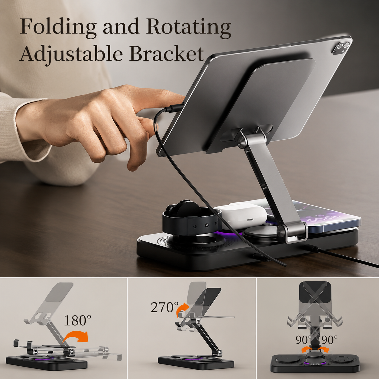 Premium iPhone 4 In 1 Foldable Wireless Charging Station 15W Magnetic Fast Charger Watch Earbuds Stand LED Indicator Docking Organizer Hub Desktop