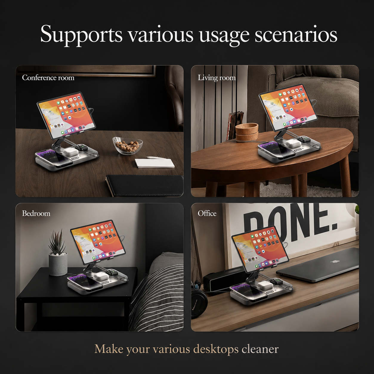 Premium iPhone 4 In 1 Foldable Wireless Charging Station 15W Magnetic Fast Charger Watch Earbuds Stand LED Indicator Docking Organizer Hub Desktop